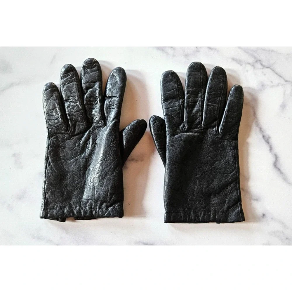 Vintage Womens‎ Hand Gloves Size 7 Black Soft Leather Full Finger Lined 1960s
